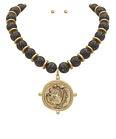 GA Bulldog Face & Bead Necklace