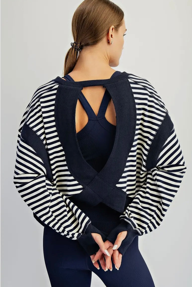 Striped Open Back Long Sleeve Top