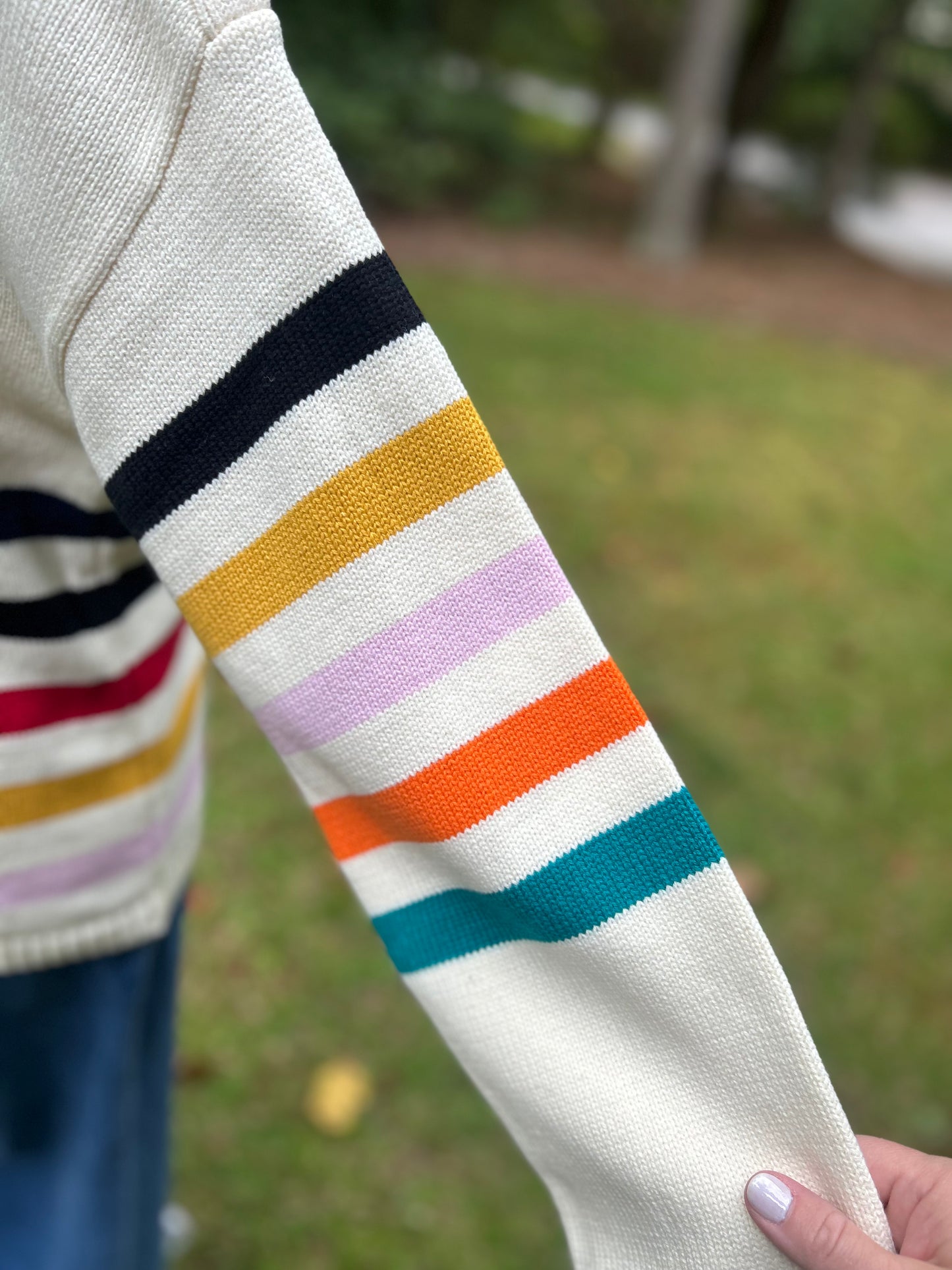 Multi stripe sweater with gold buttons