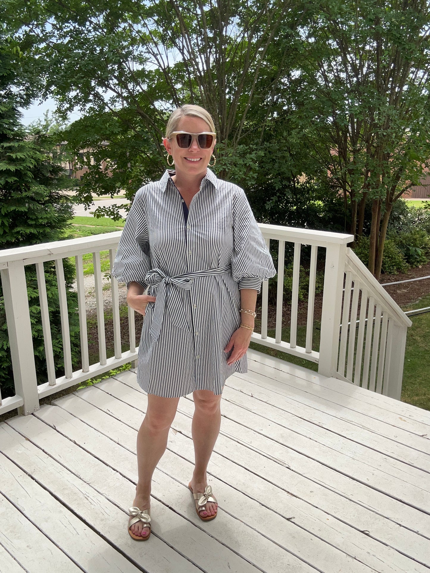 Striped Belted Shirt Dress in Navy