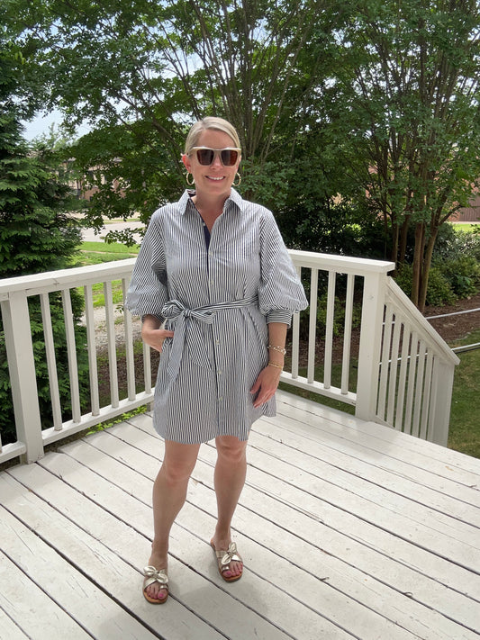 Striped Belted Shirt Dress in Navy