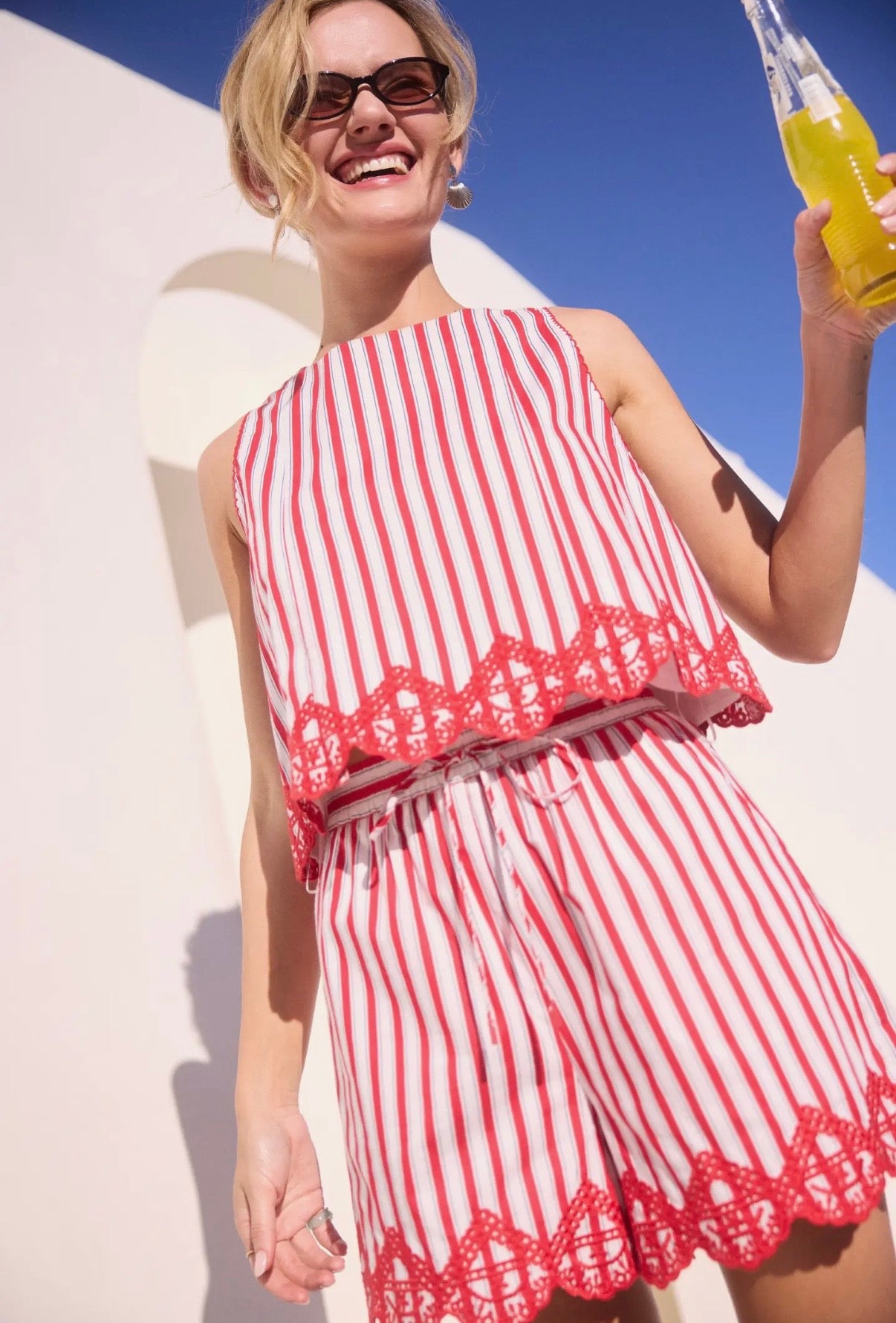 Striped Shorts with Embroidery Hem