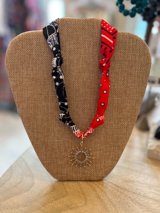 Black + Red Scarf Necklace with Black Sun