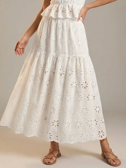 Eyelet Tiered Midi Skirt