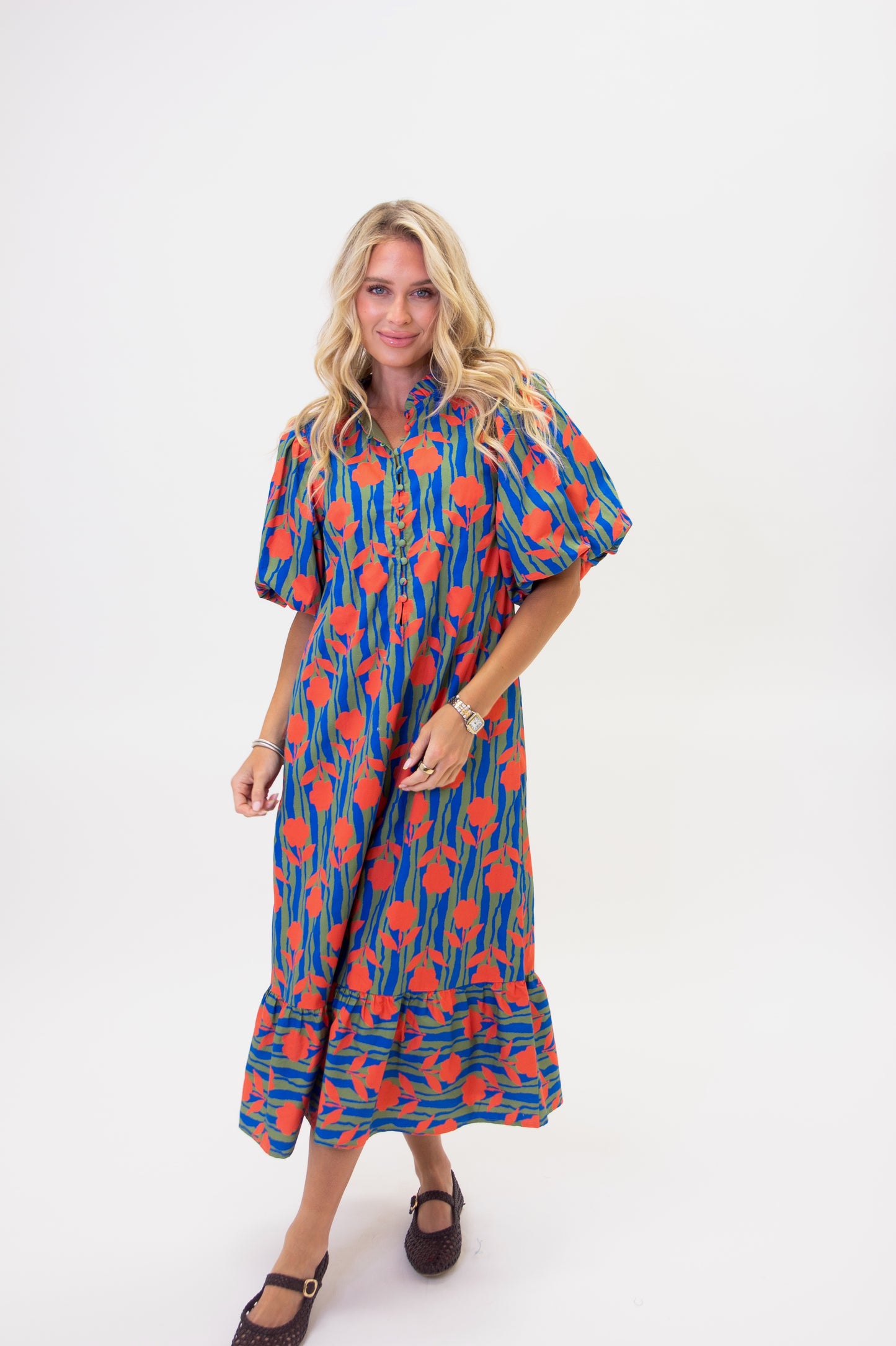 Stripe modern floral puff sleeve maxi dress