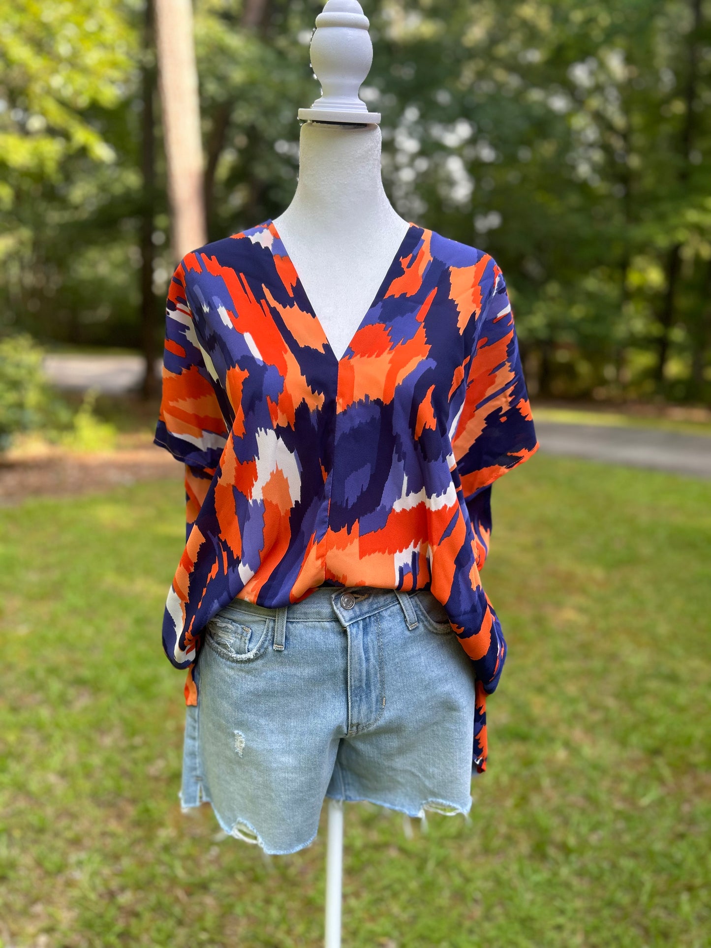 Orange + blue + white printed top