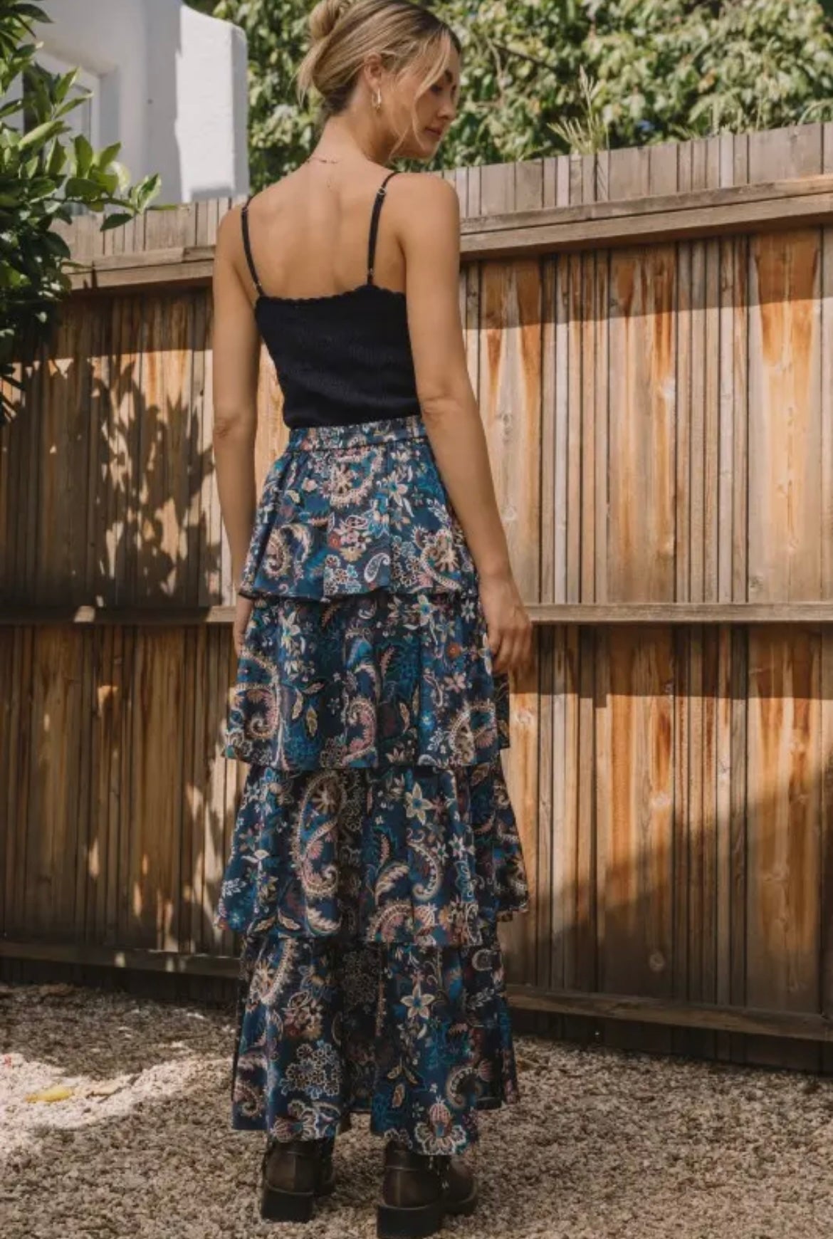 Printed Satin Tiered Maxi Skirt