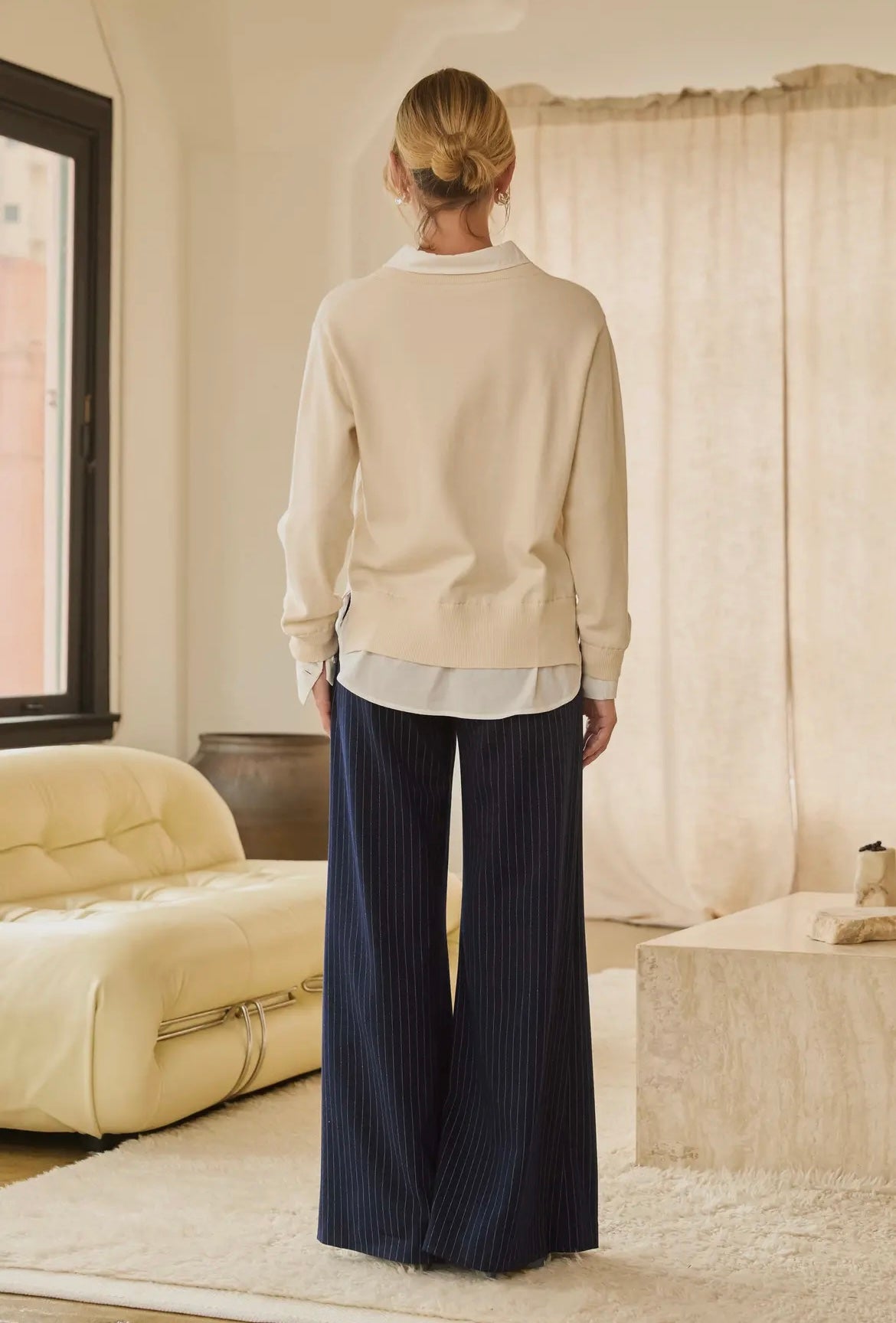 Layered Look V-Neck Mixed
Media Sweater