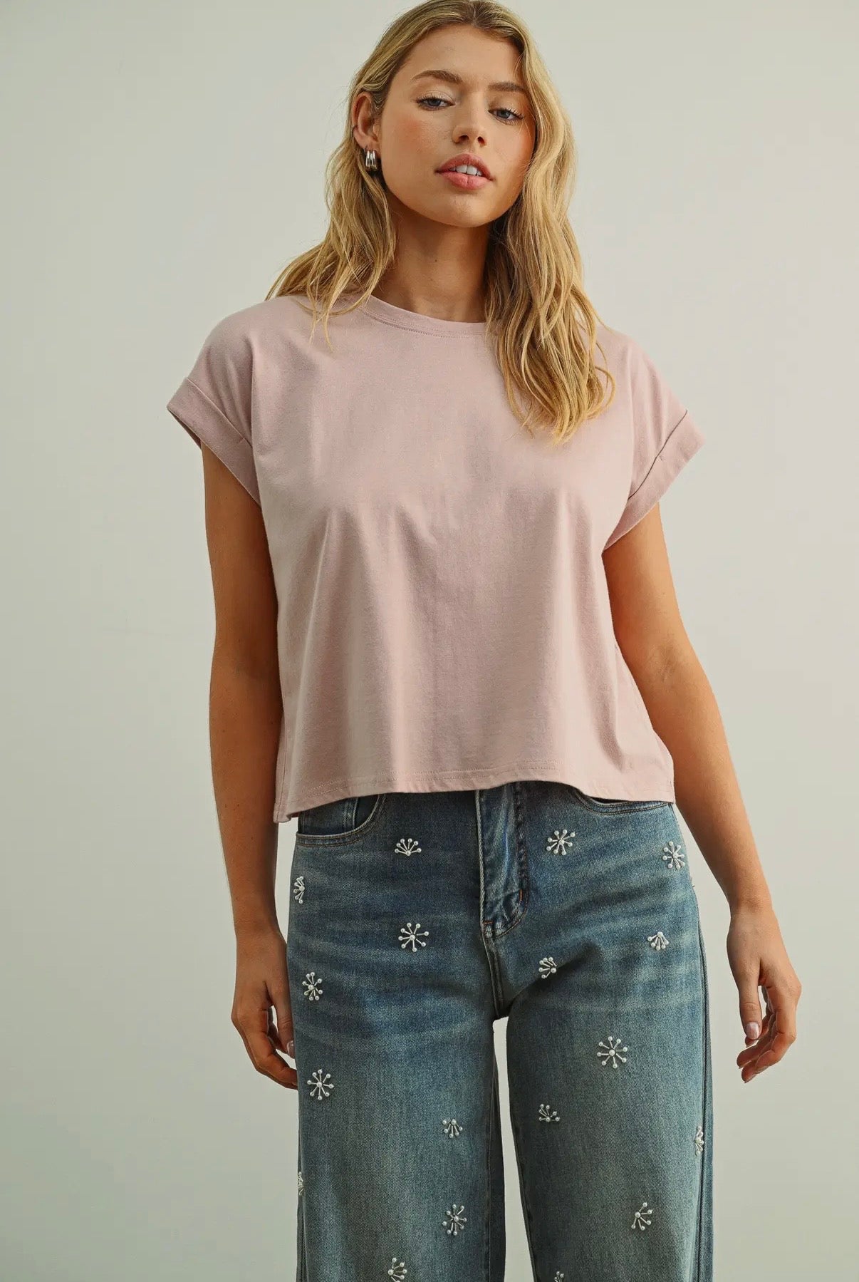 Round Neck Cuffed Sleeve Top