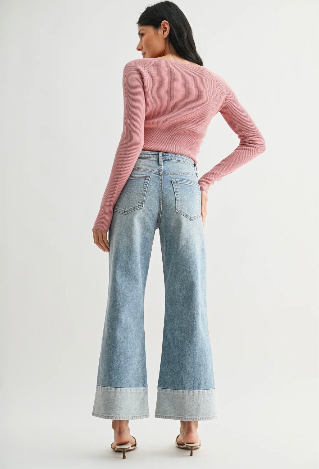 Two Toned Hem Seamed Slim Wide
Leg- Light Denim