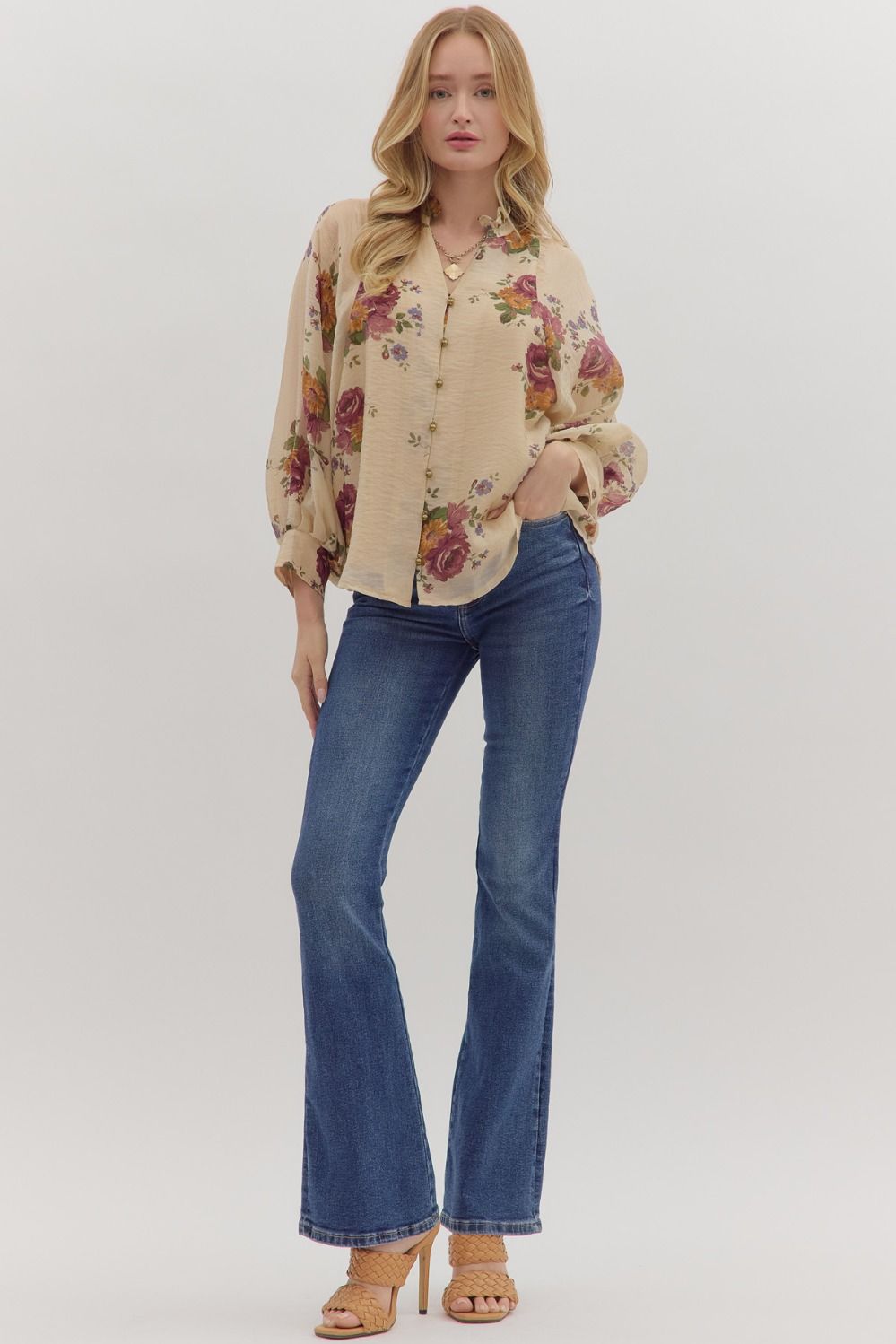 Floral print, long puff sleeve top