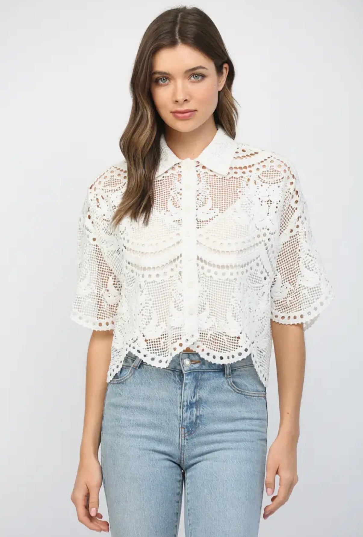 Lace Button Up Collared Top