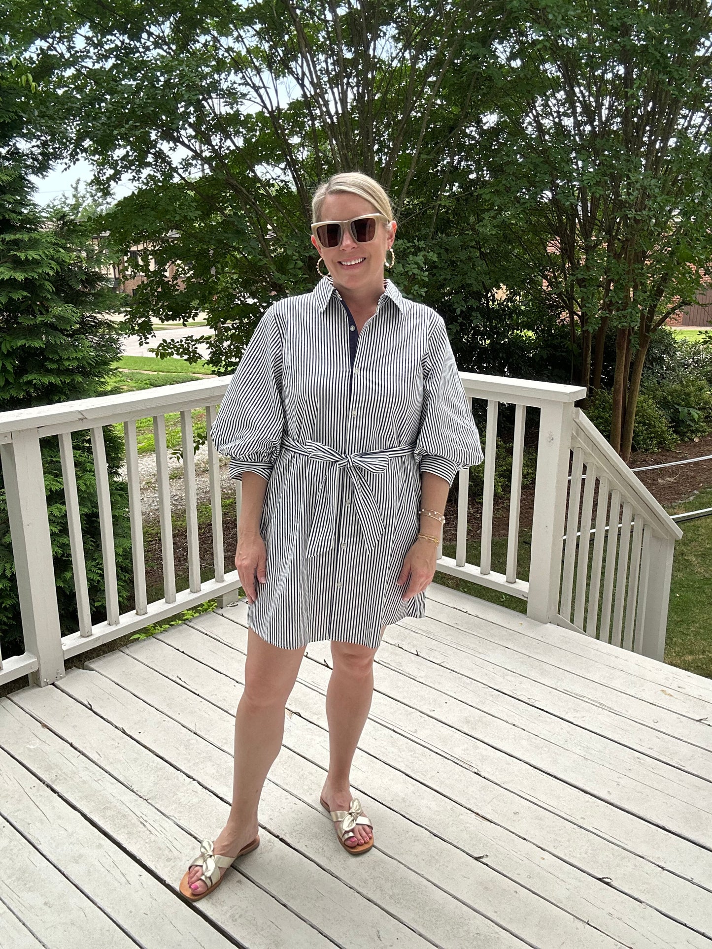 Striped Belted Shirt Dress in Navy