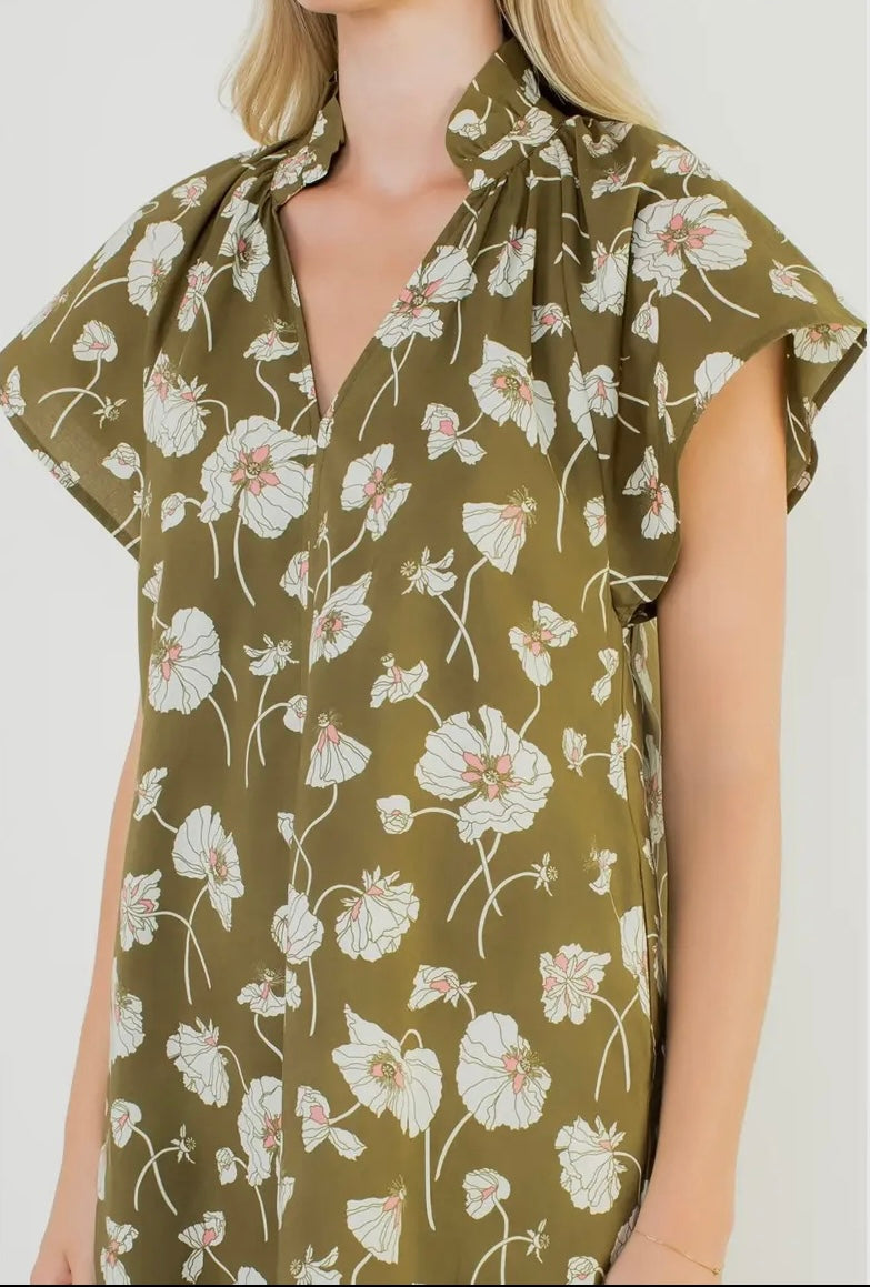 Short Sleeve Floral V-Neck Dress