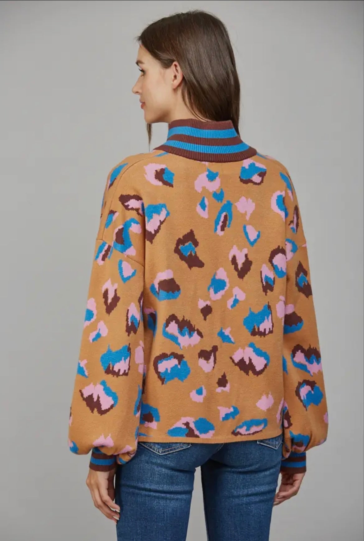 Animal Pattern V-Neck with Stand-Up Collar Sweater