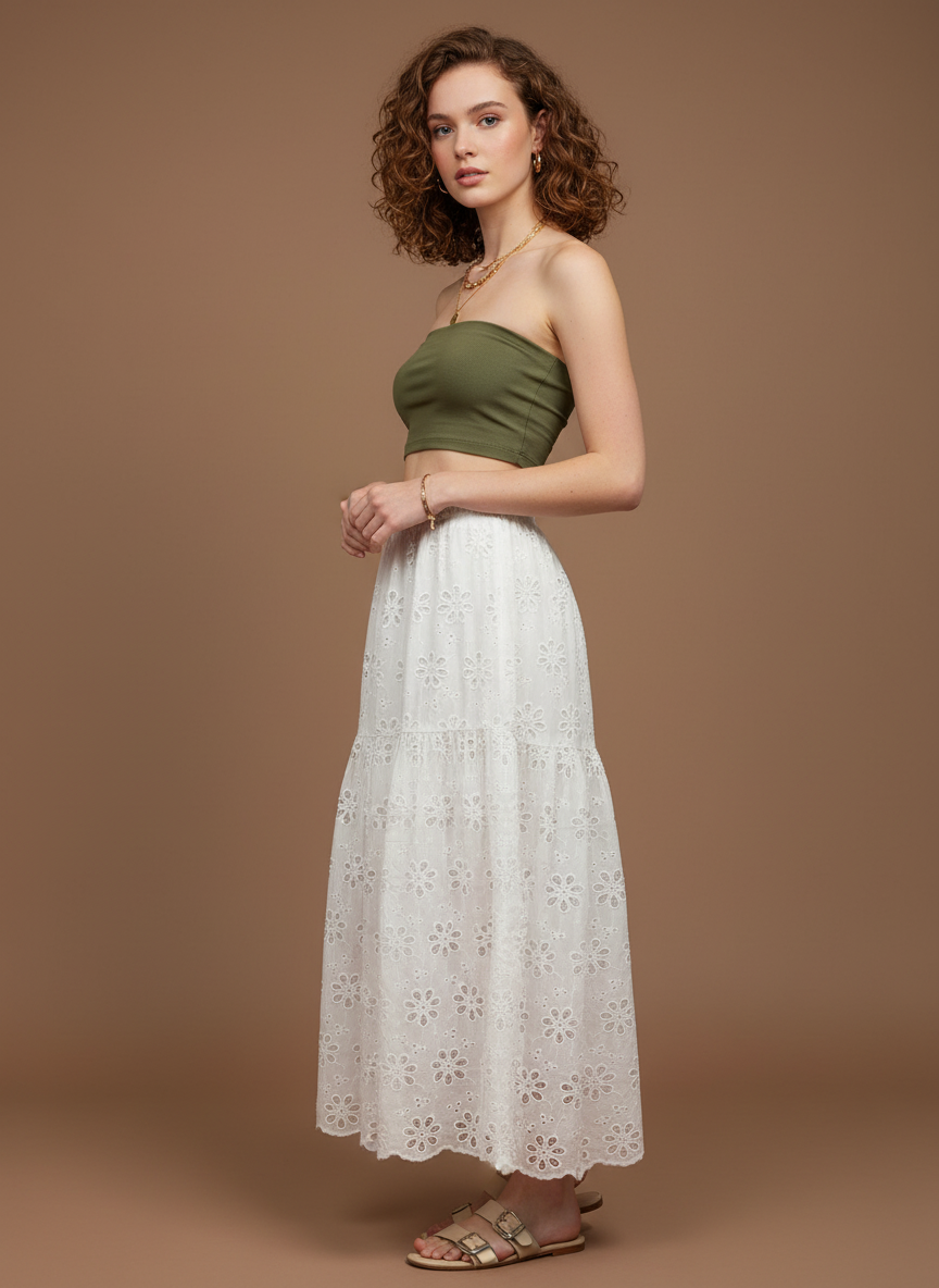 Eyelet Tiered Midi Skirt