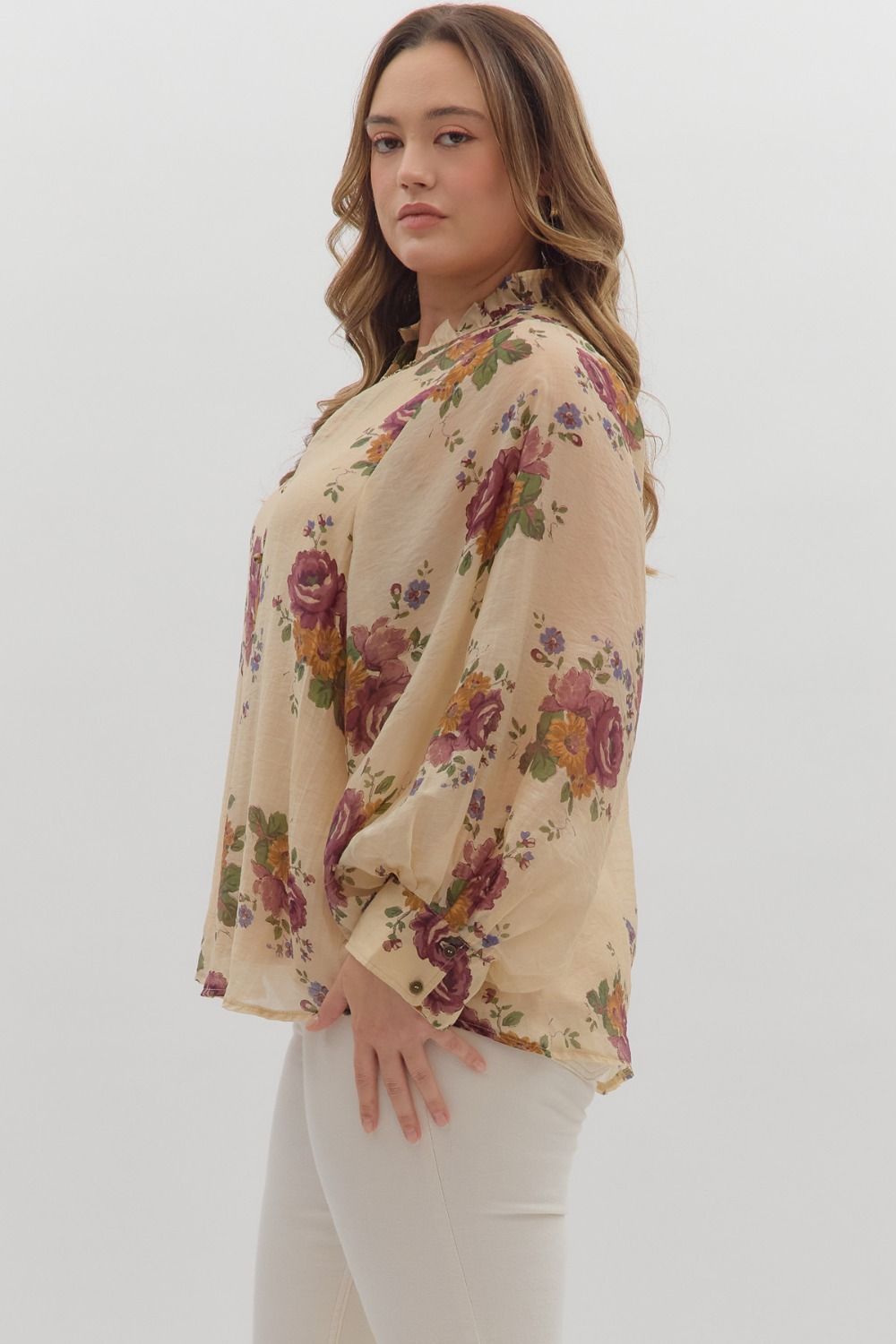 Floral print, long puff sleeve top – Plus