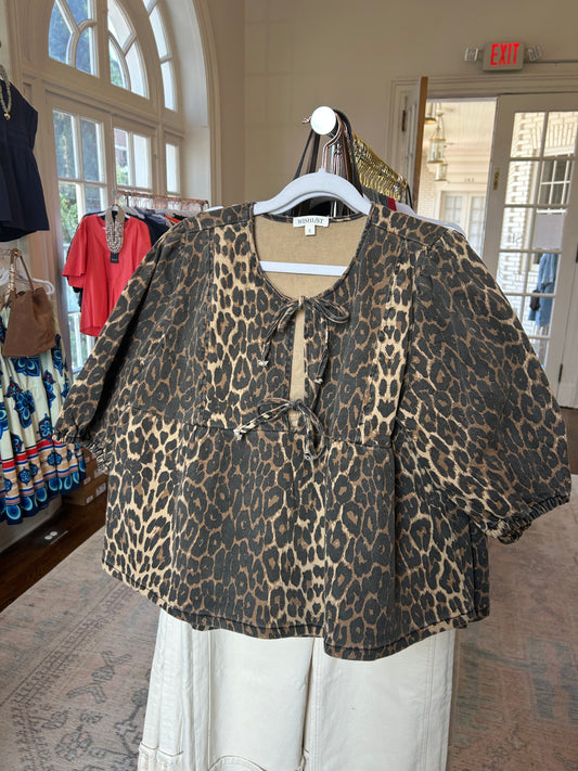 Bow Detail Leopard Denim Top