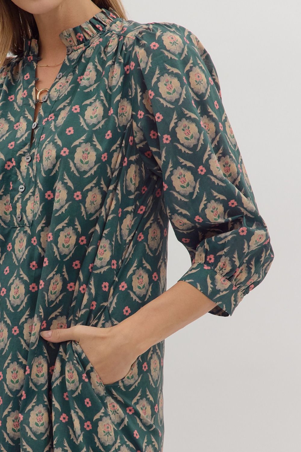 Teal Green Floral Midi Dress