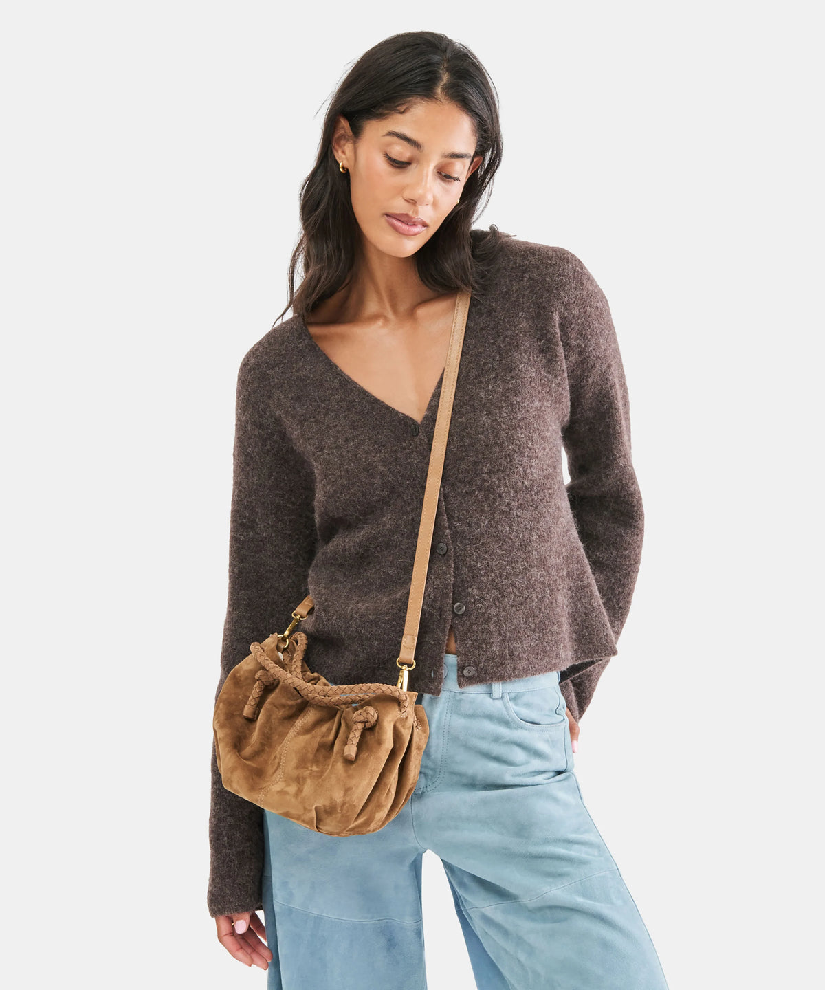 cocoa crossbody dark tan suede
