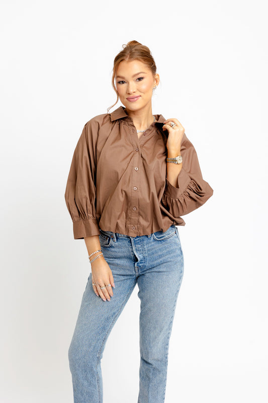 Solid Poplin 3/4 Sleeve Bubble Top