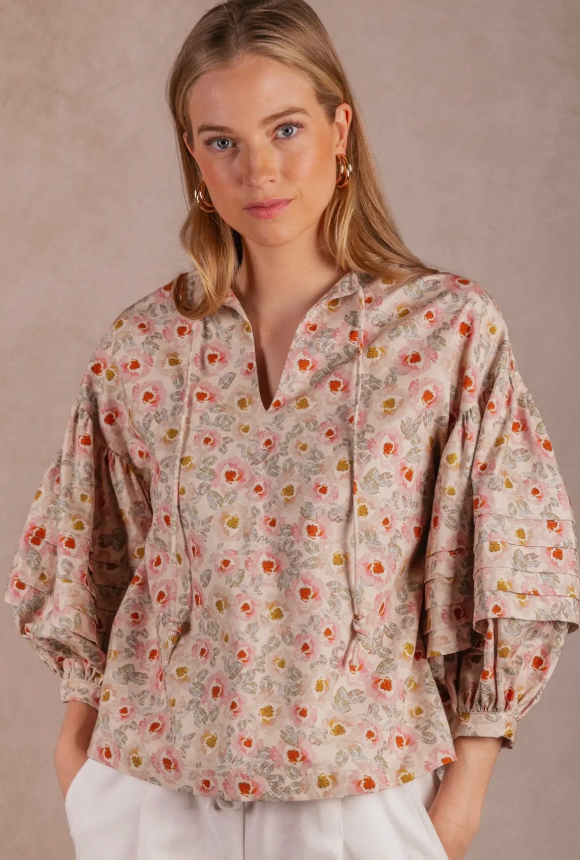 Print Cotton Peasant Blouse Knotted String Top