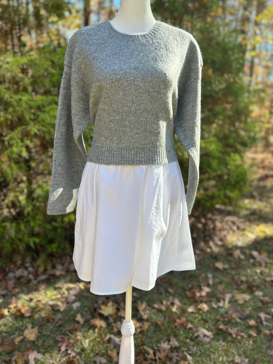 Grey open back sweater + poplin dress