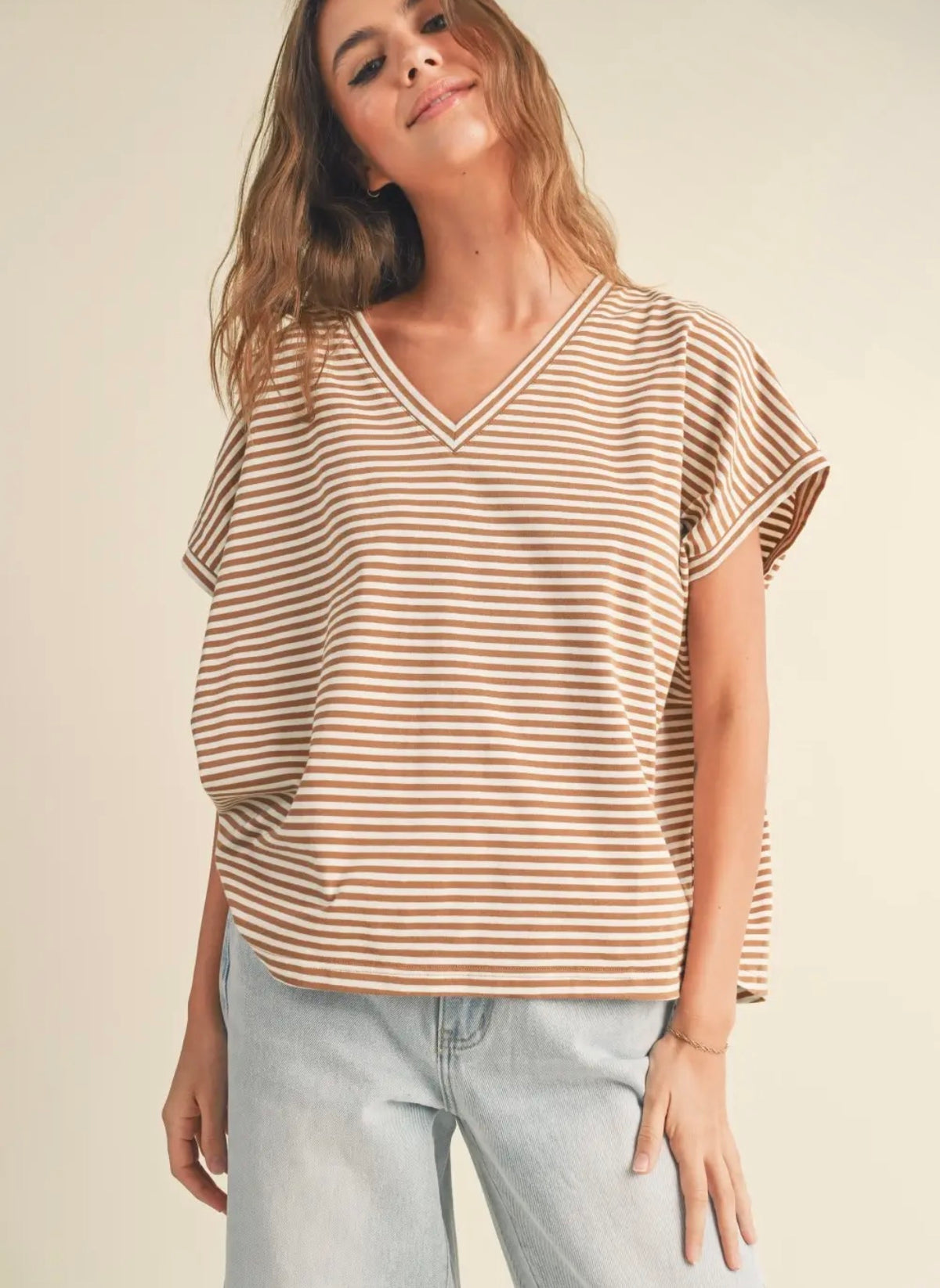 Striped Pattern Knitted Short Sleeve Top