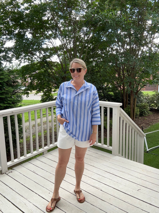 Stripe Cotton Poplin Stand Collar 3/4 Sleeve Tunic