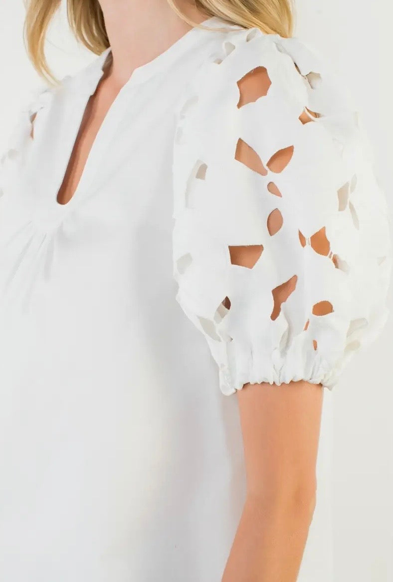Eyelet Puff Sleeve V-Neck Top