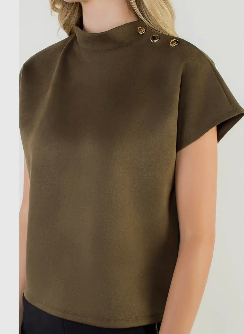 Button Detail Short Sleeve Suede Top