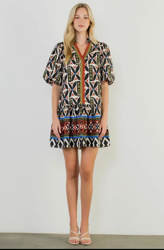 V-neck dress with puff sleeves