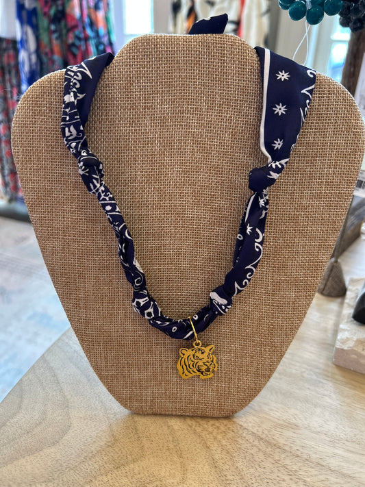 Knotted Navy Bandana Scarf with Tiger Charm