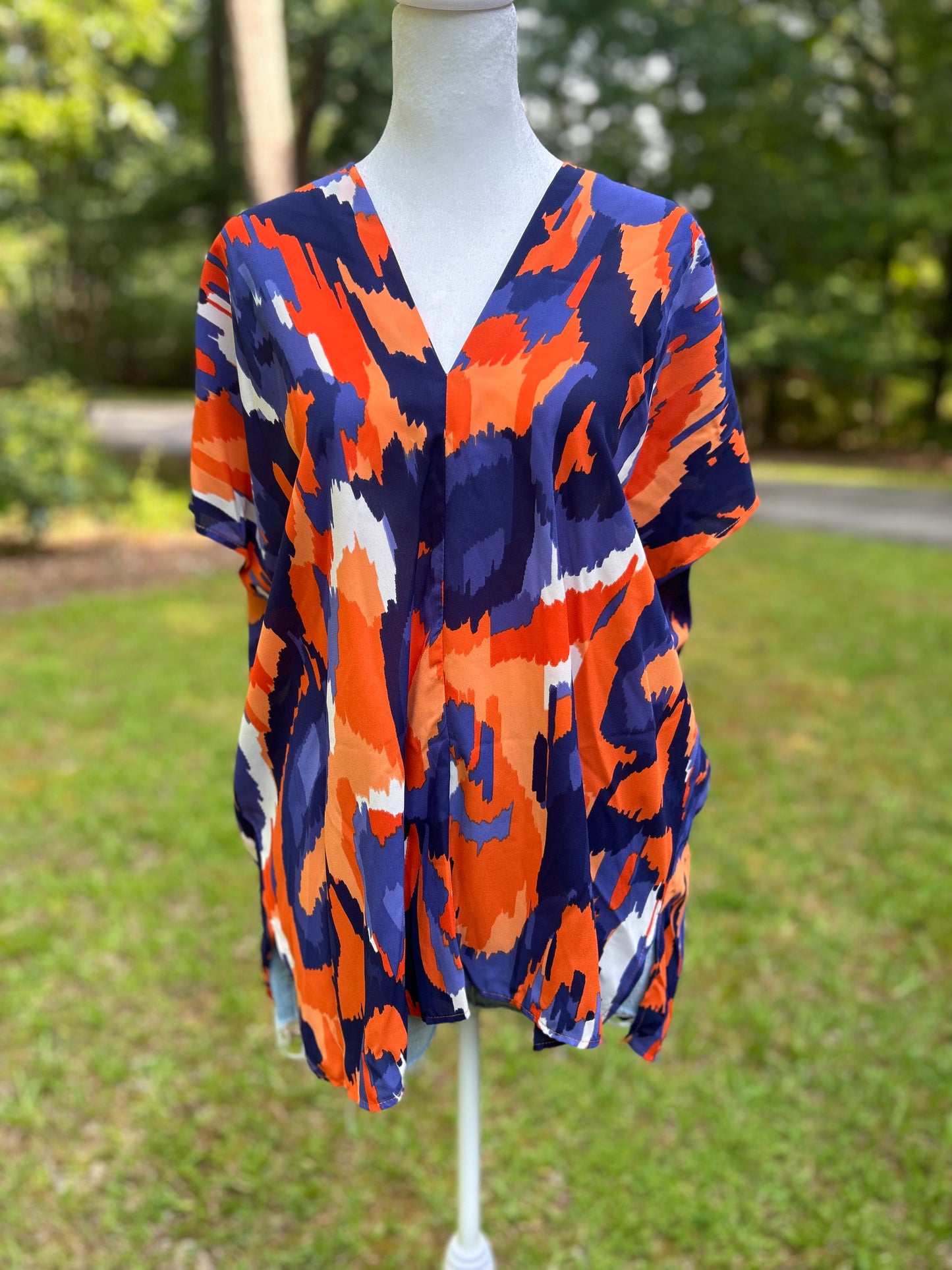 Orange + blue + white printed top