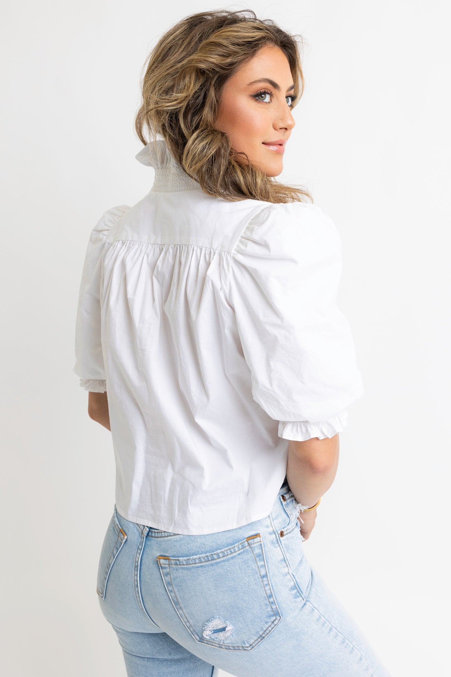 Solid Poplin Puff Sleeve Ruffle Top