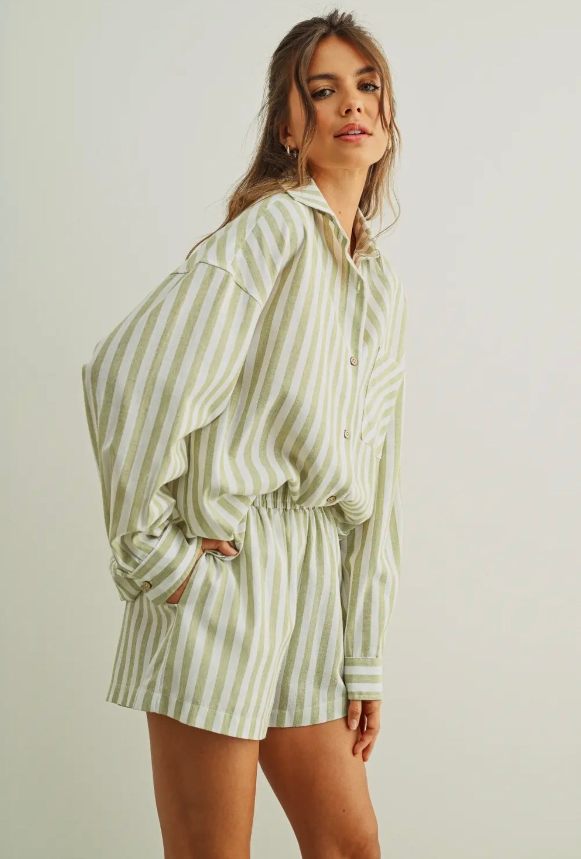 Sage Striped Button Down
Linen Shirt and Elastic Band Waist Shorts