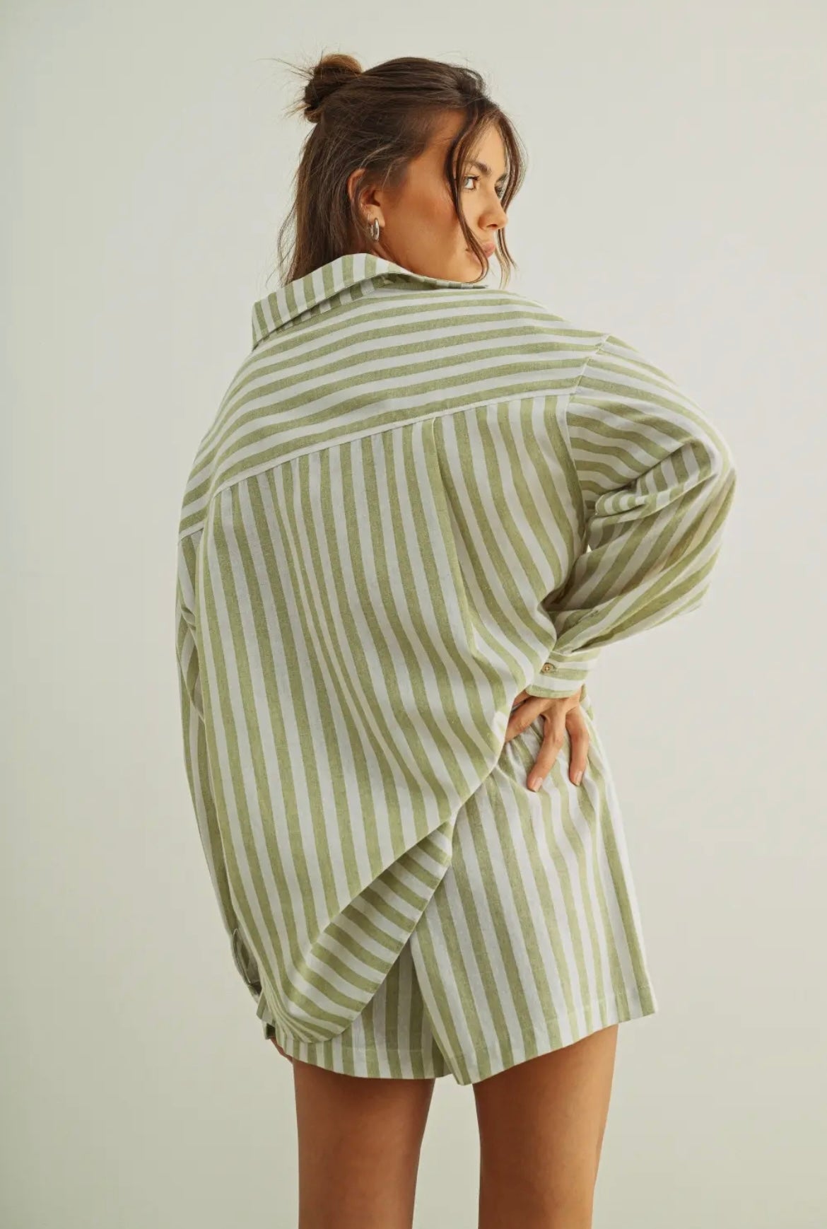 Sage Striped Button Down
Linen Shirt and Elastic Band Waist Shorts