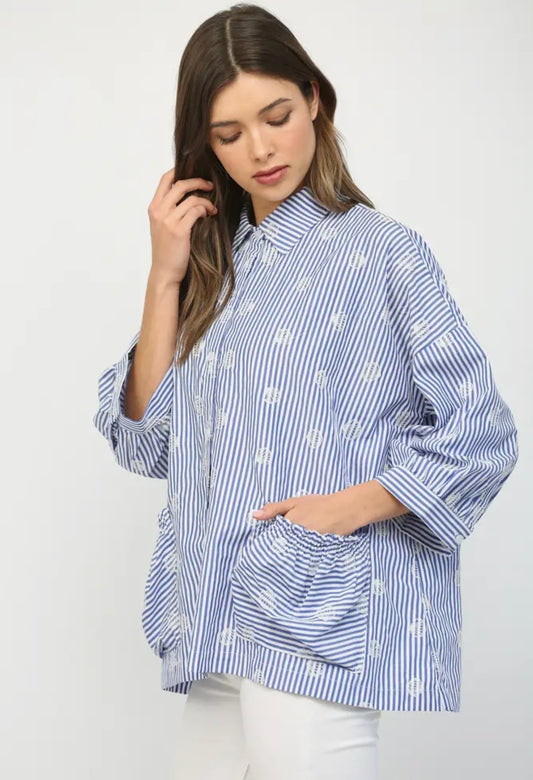 Stripe + Shell Embroidery Button
Down Blouse