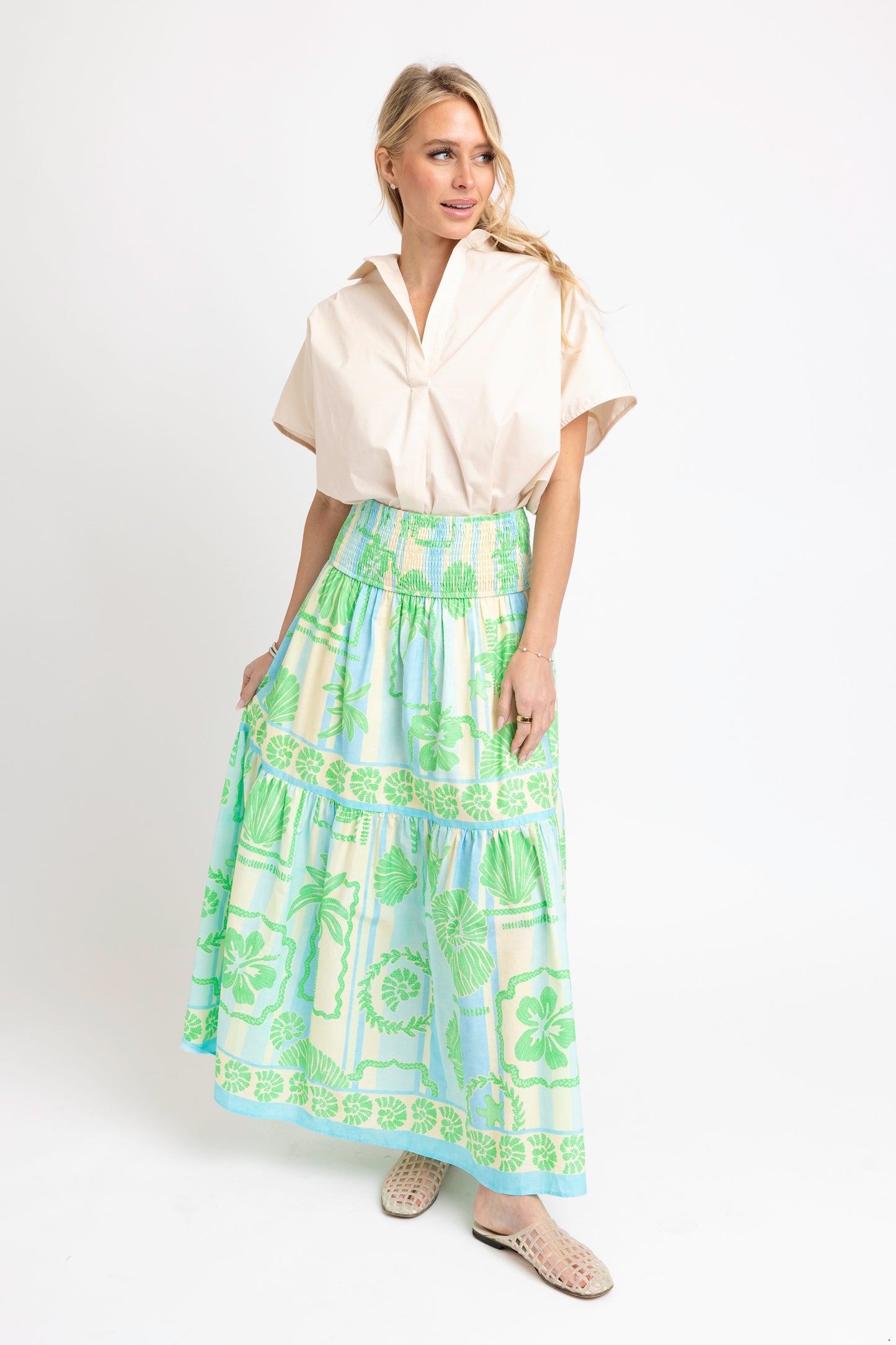 Sea Shell Poplin Smock Tier Maxi Skirt
