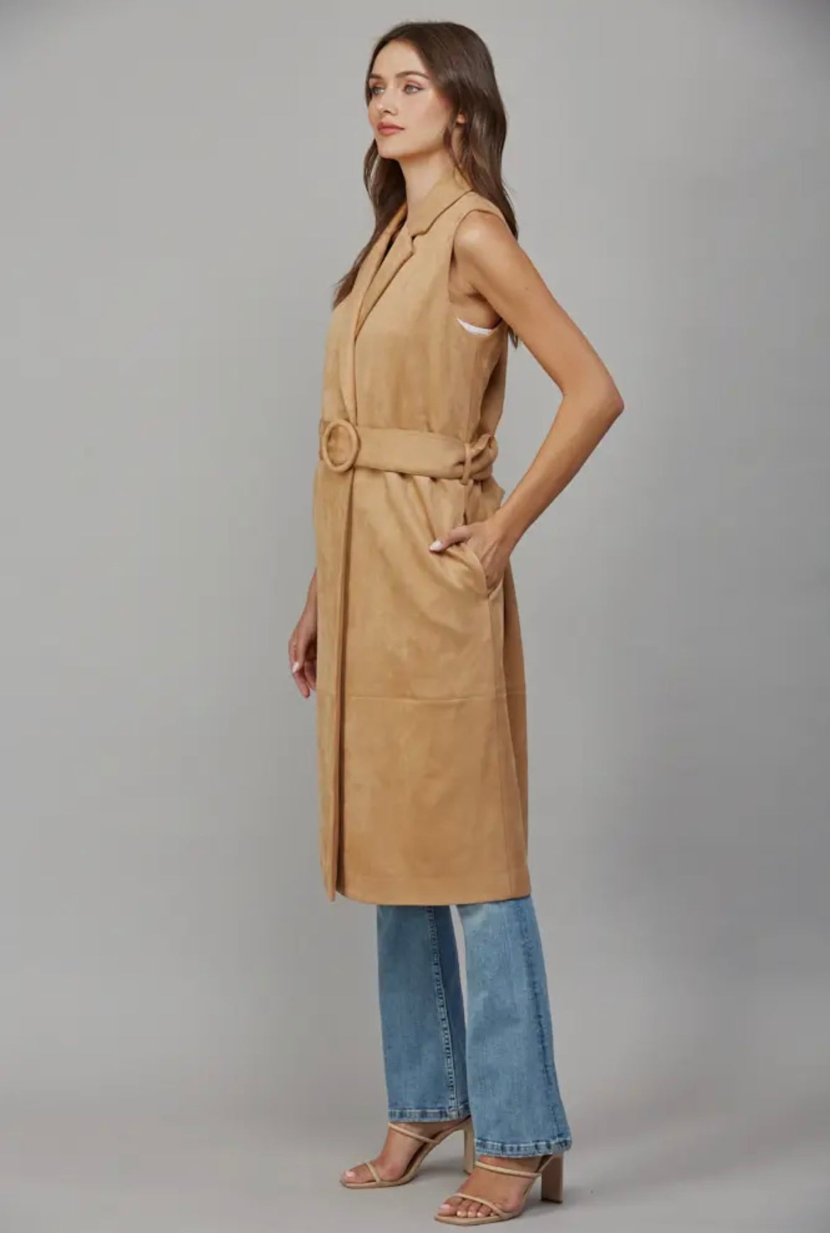 Matching Belt with Buckle Faux Suede Tailored Vest