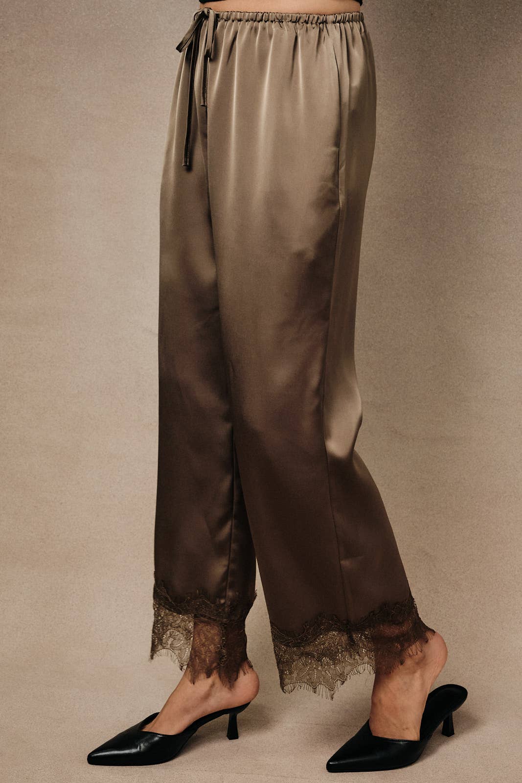 High Waist Satin Drawstring Lace Applique Hem Wide Pants
