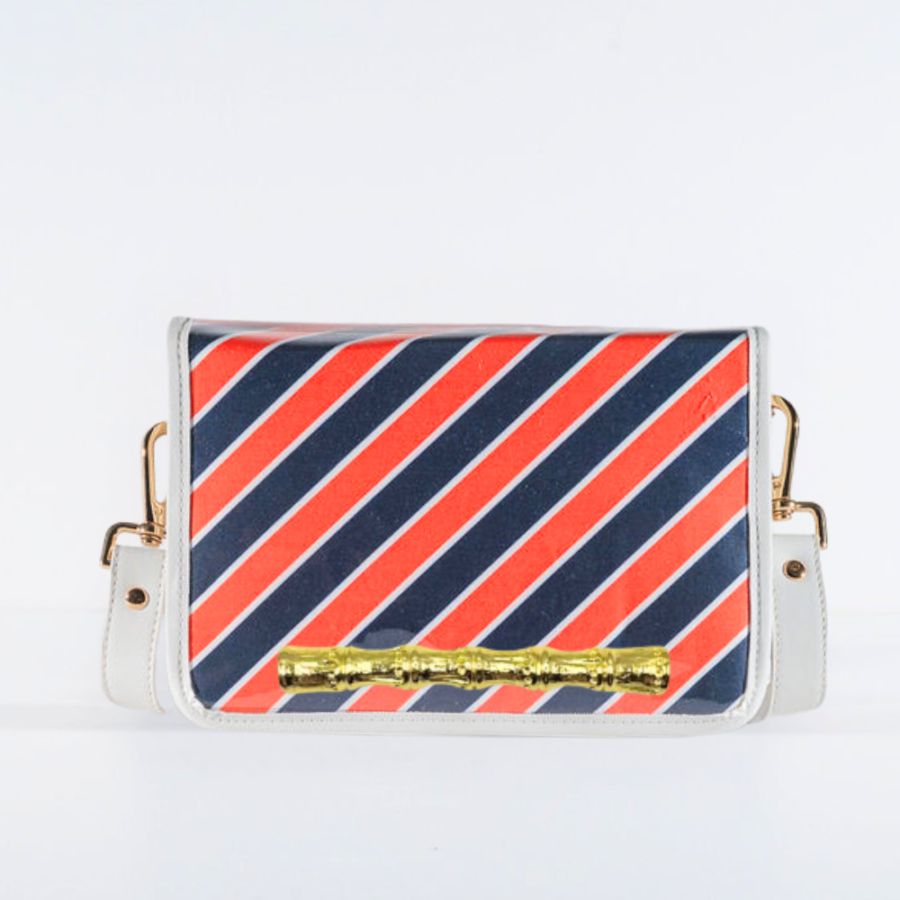 Orange and Navy Stripe Clear Stadium Bag with Gold Bamboo Stick