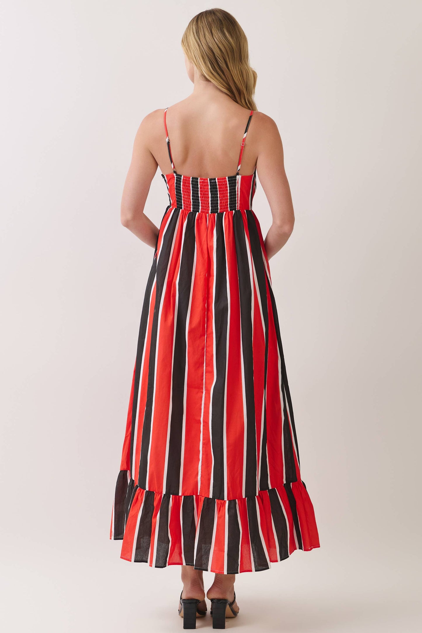 Striped Back Smocked Detail Side Pocket Maxi Dress