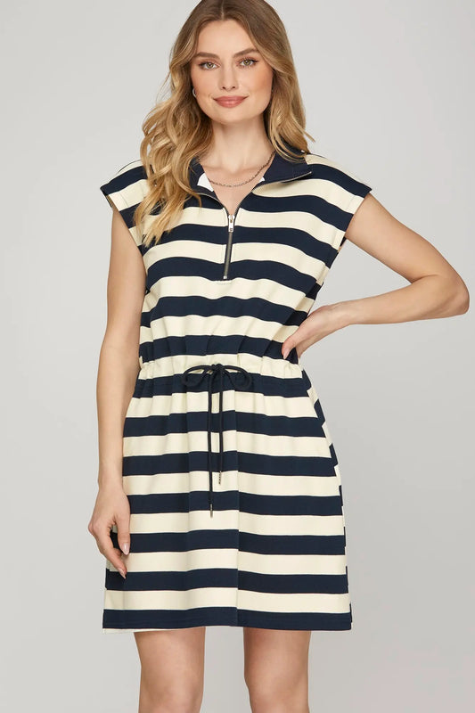 Striped Zip Up Collared Dress