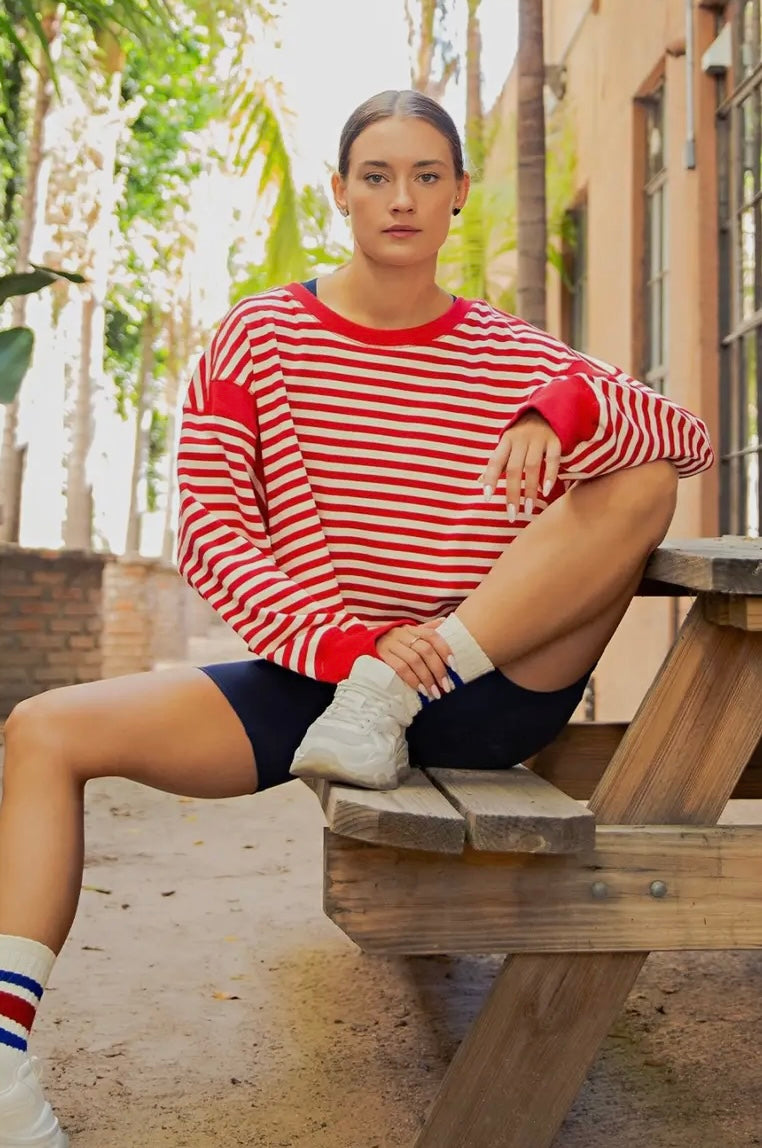 Striped Open Back Long Sleeve Top