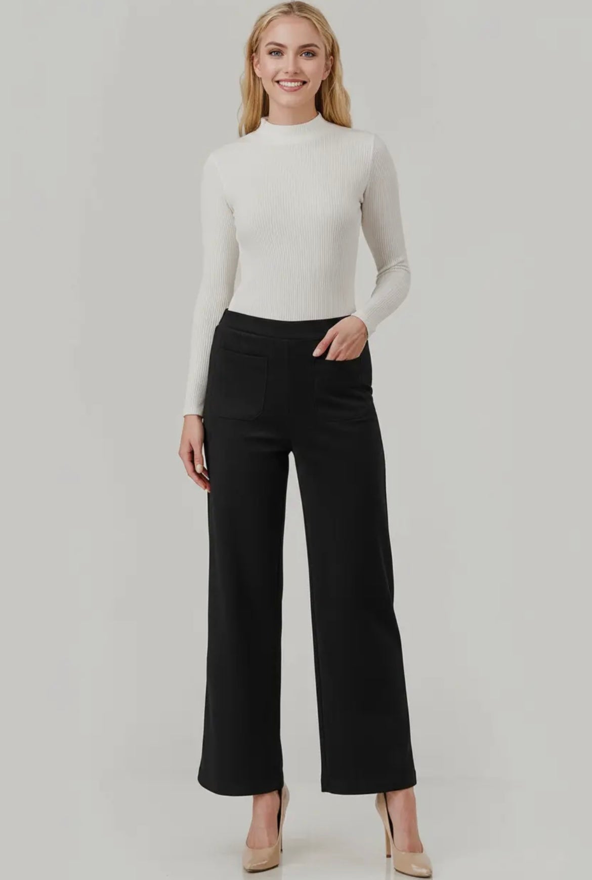 Faux Suede Front
Pocket Stretch Pants