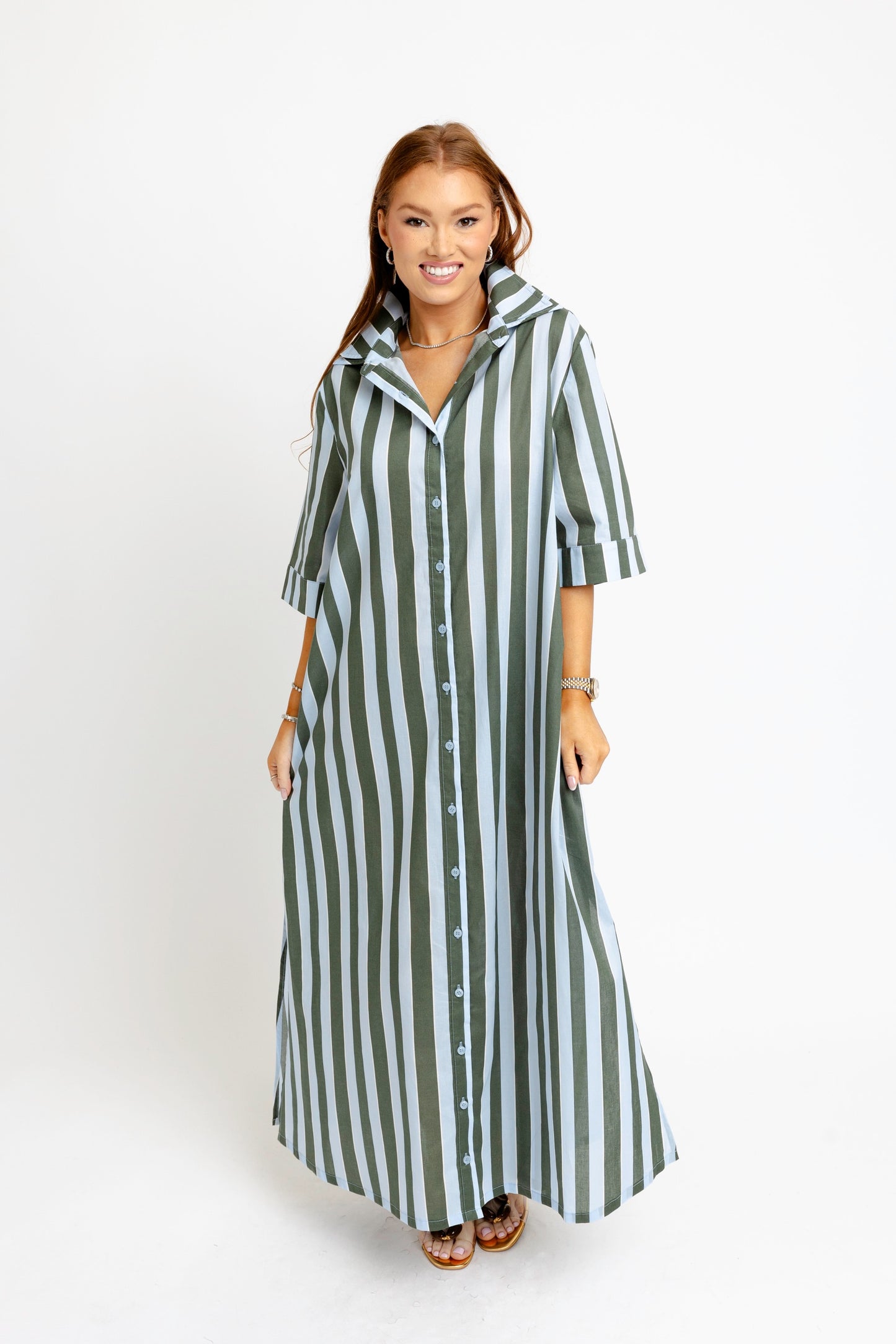 Bold Stripe Maxi Shirt Dress