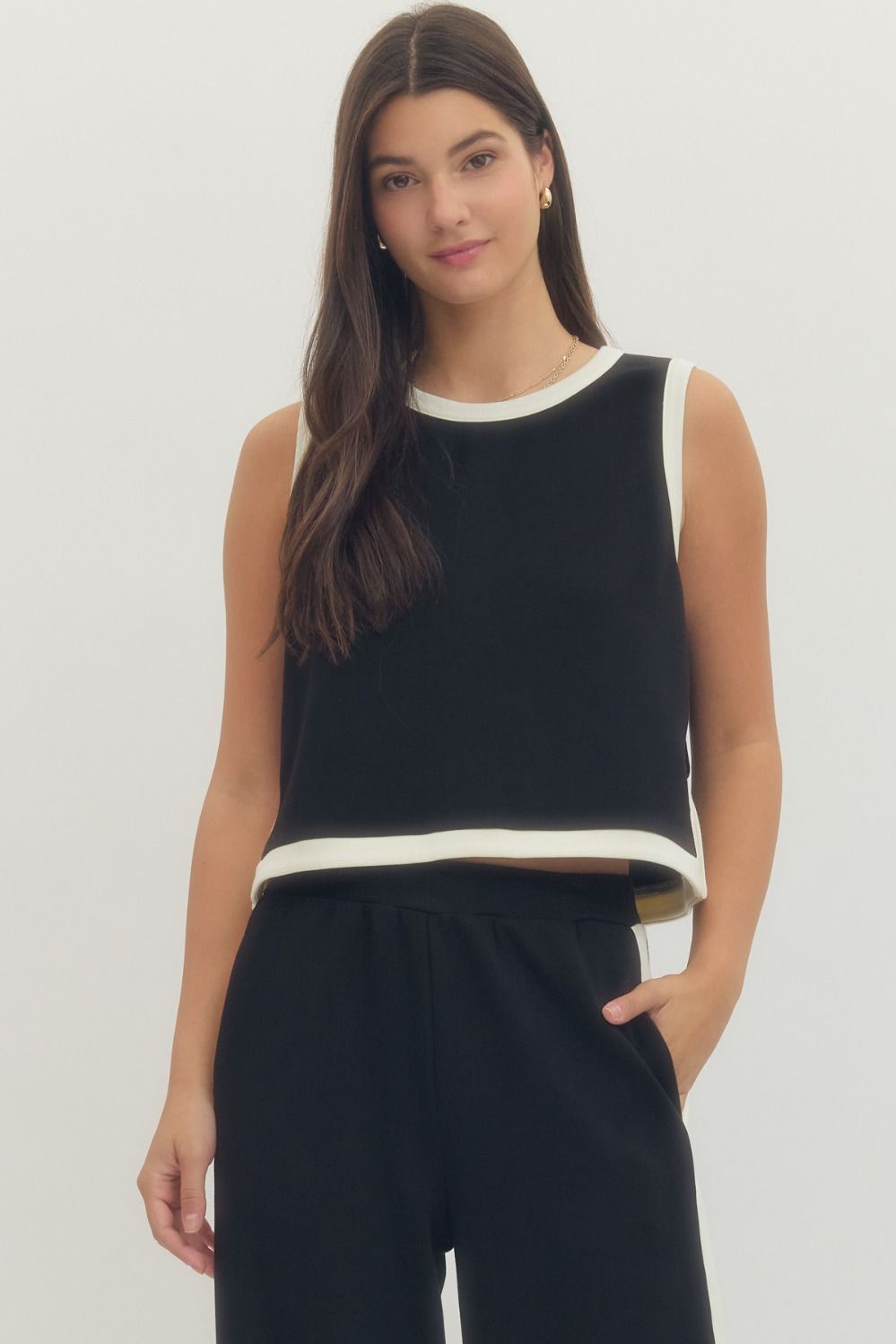 Sleeveless knit top and wide leg pant set
