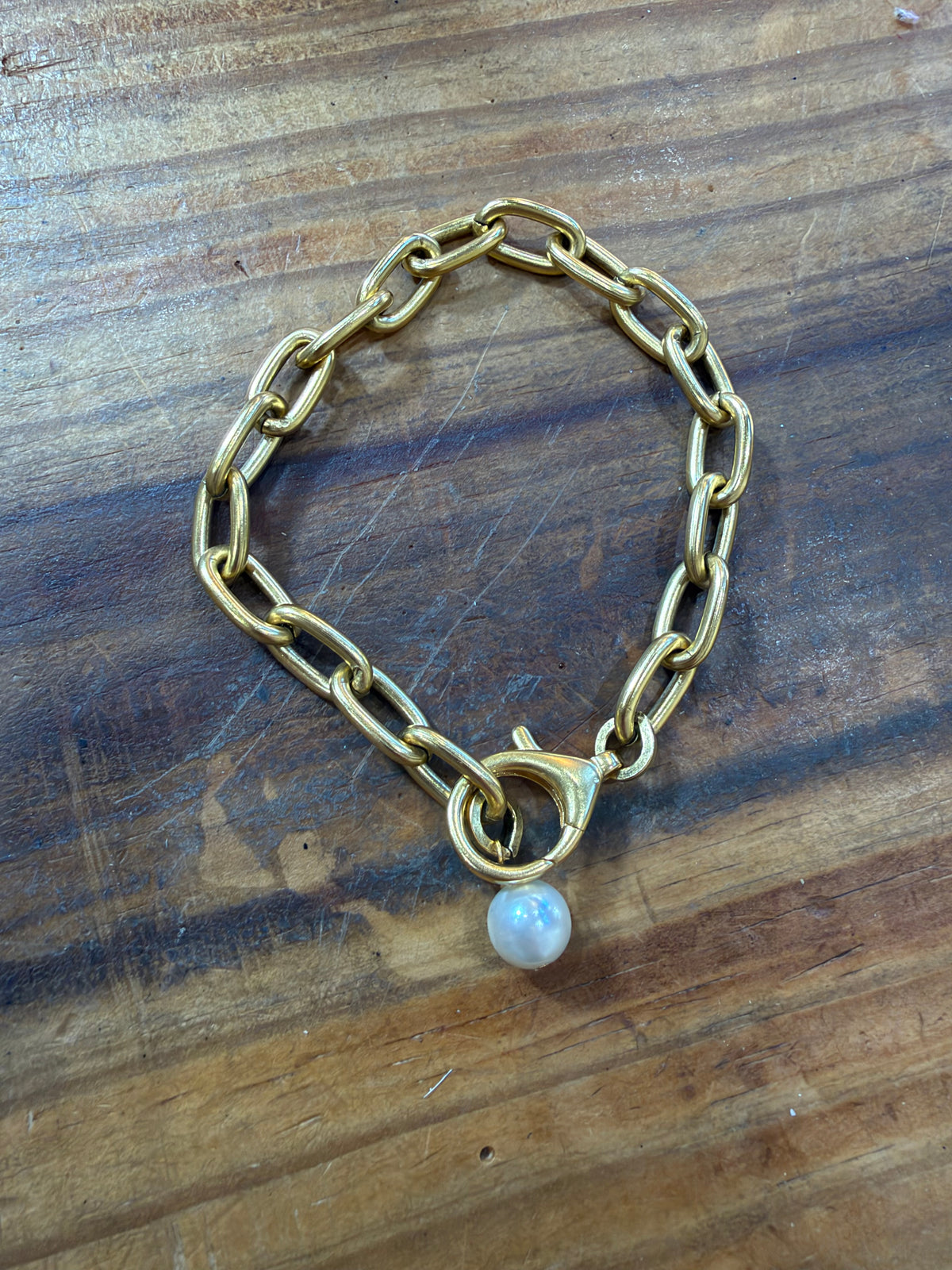 Gold Link Pearl Charm Bracelet