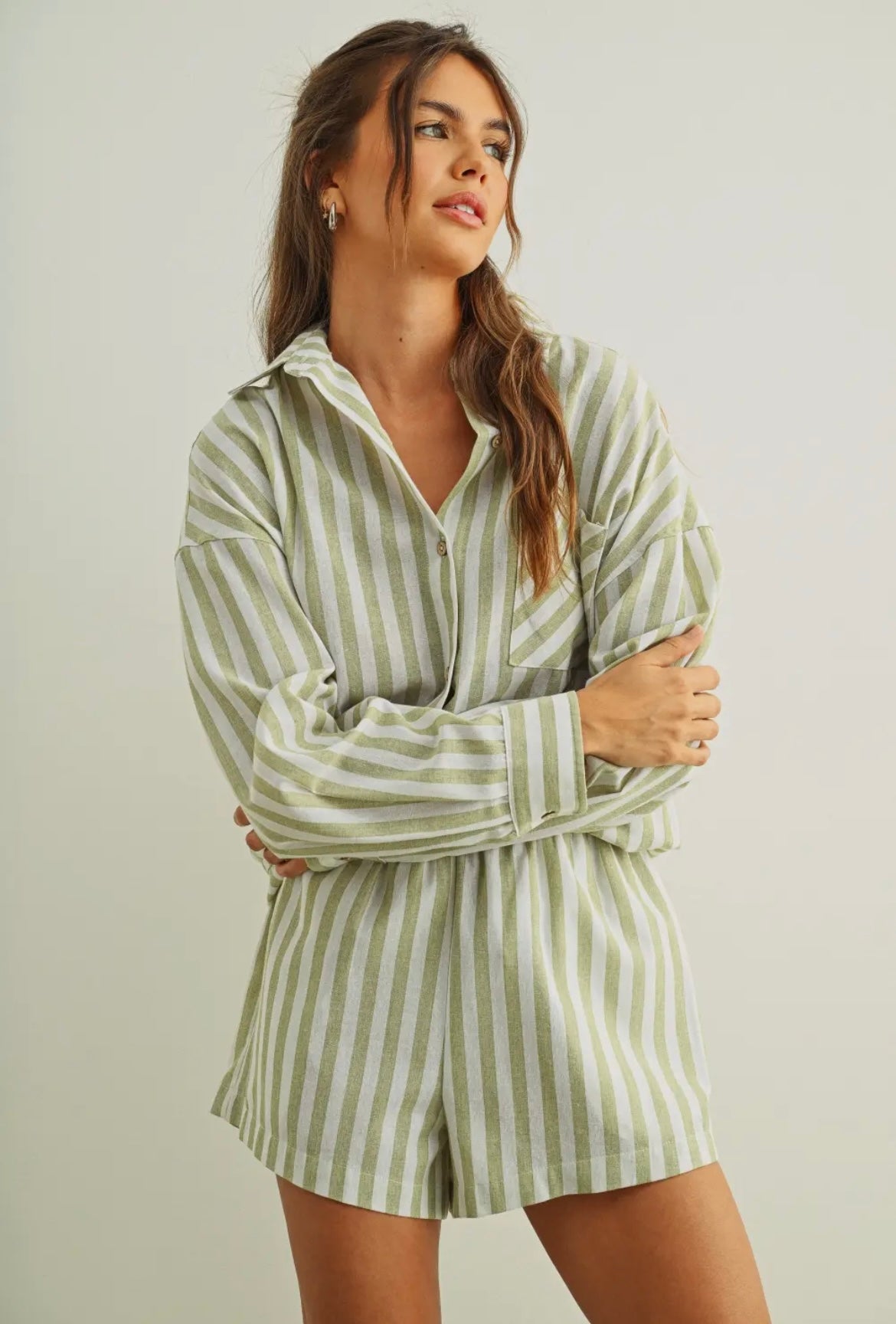Sage Striped Button Down
Linen Shirt and Elastic Band Waist Shorts